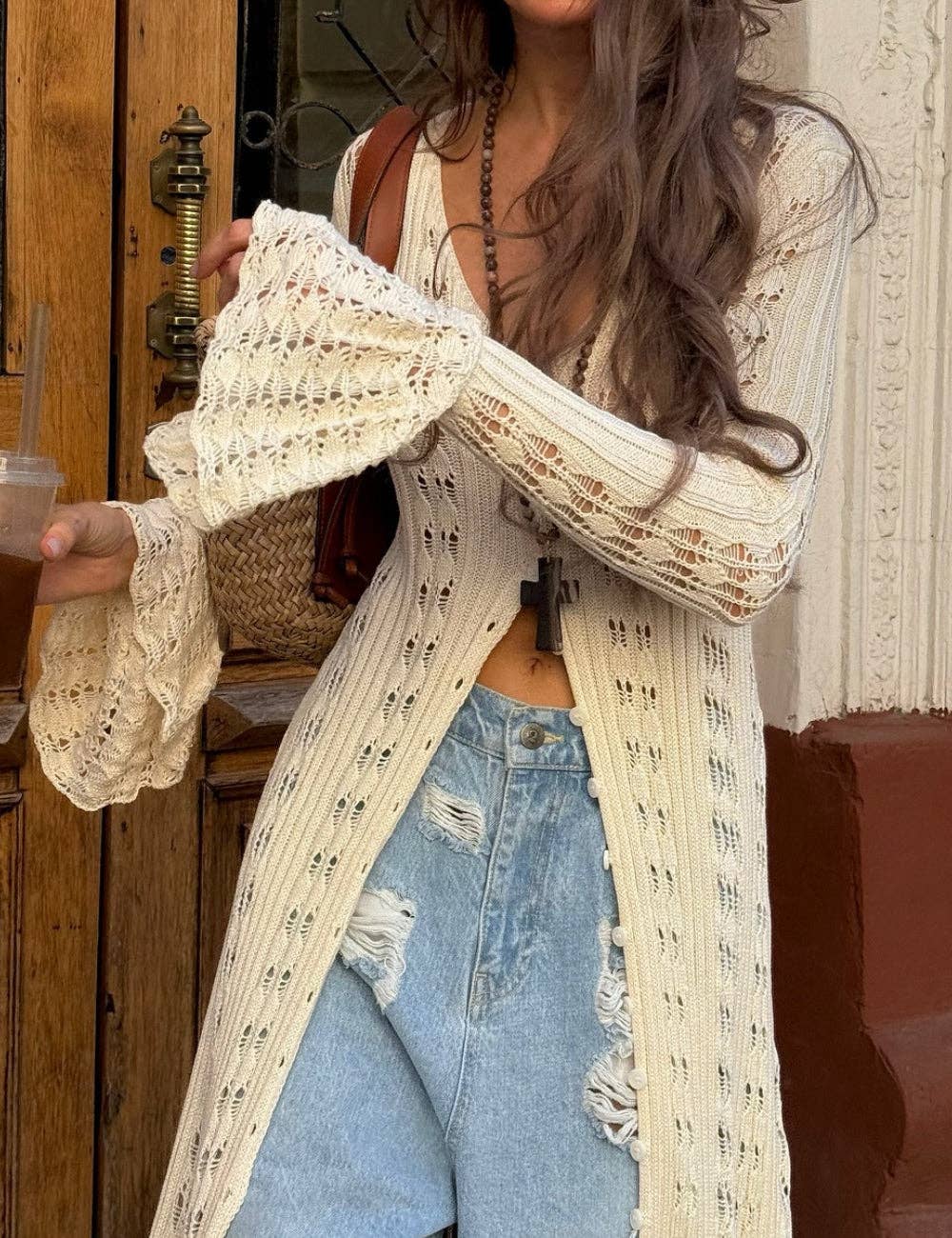 Ladies Eyelet Ruffle Hem Sweater Dress SKT41062: Apricot / S