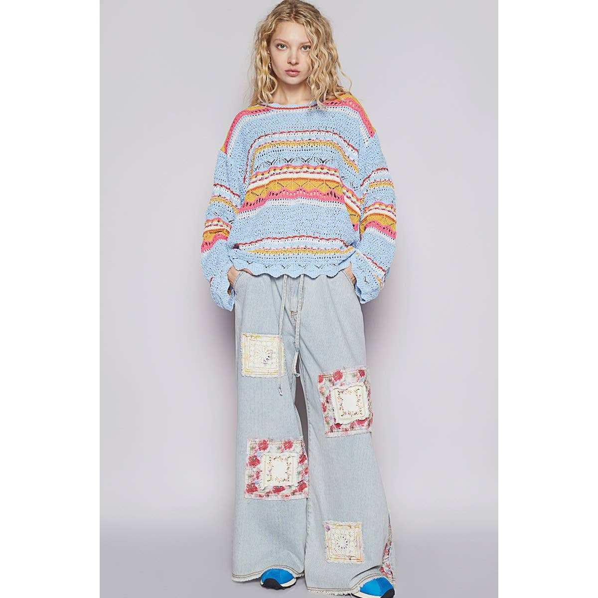 Pol Round neck long sleeve striped solid sweater top: BLUE MULTI
