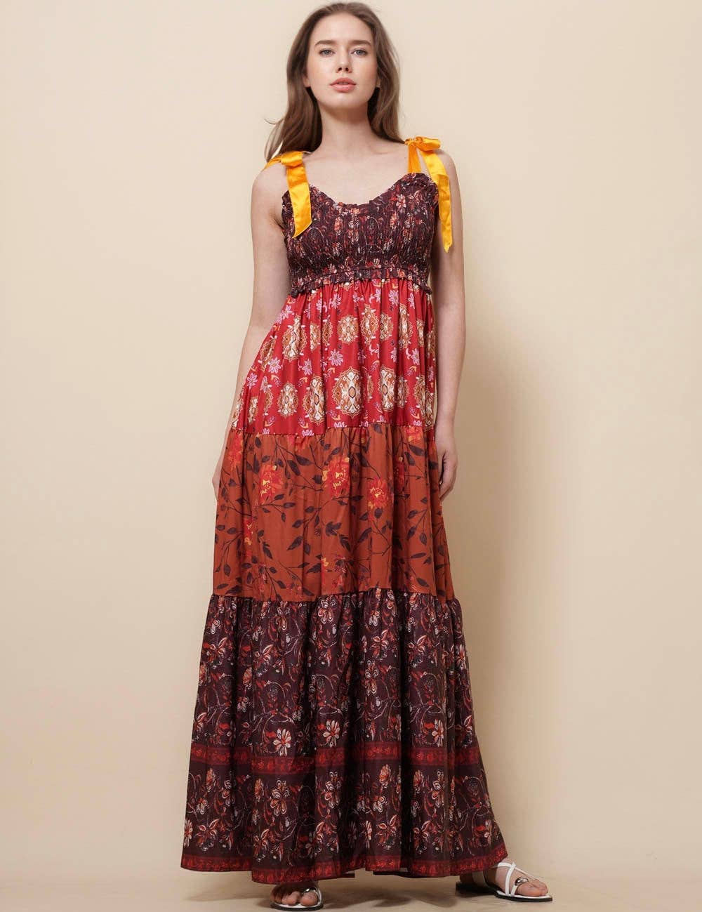 Ladies Strape Tie Shoulder Floral Print Maxi Dress SKD50568: Wine / S