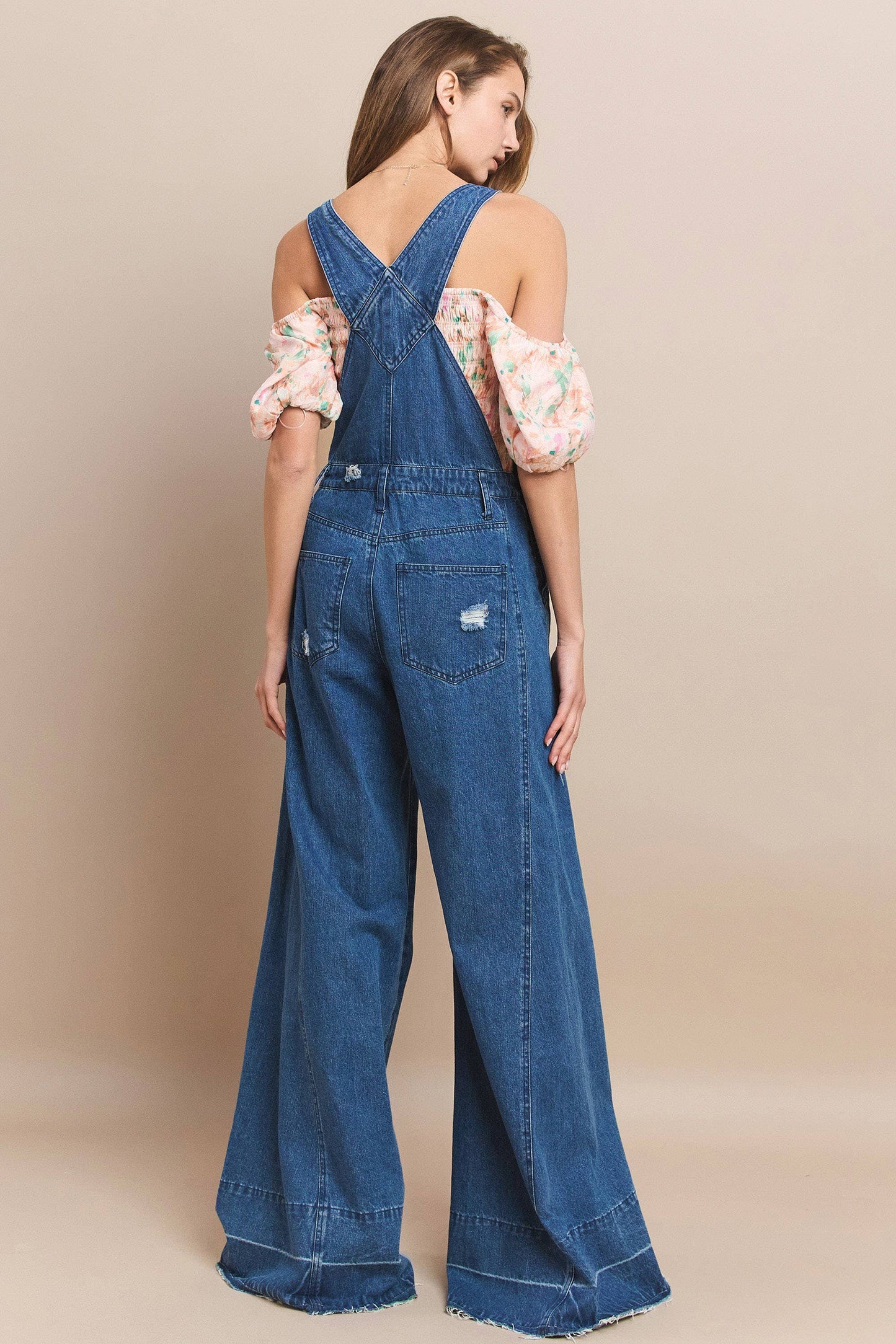 WIDE LEG DISTRESSED DENIM OVERALLS 4429RIAMID DENIM: MID DEN / L