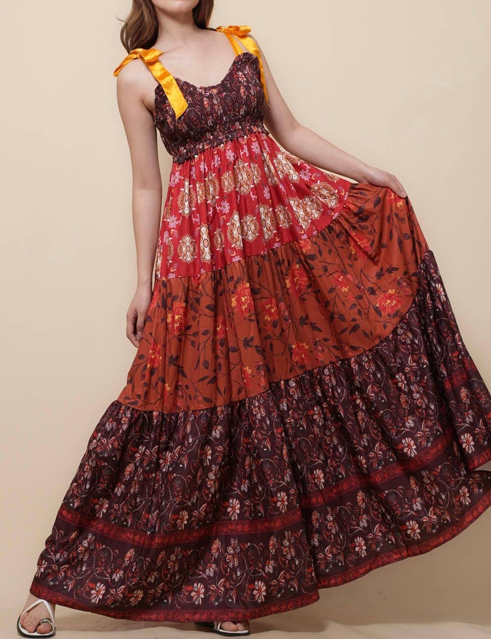 Ladies Strape Tie Shoulder Floral Print Maxi Dress SKD50568: Wine / L