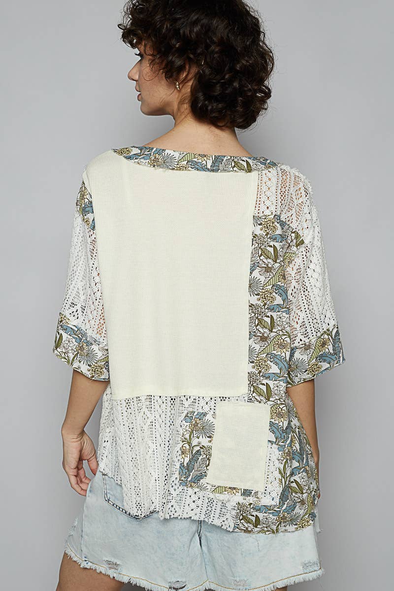 Vintage washed short sleeve print patch top: SALMON PINK MULTI / L