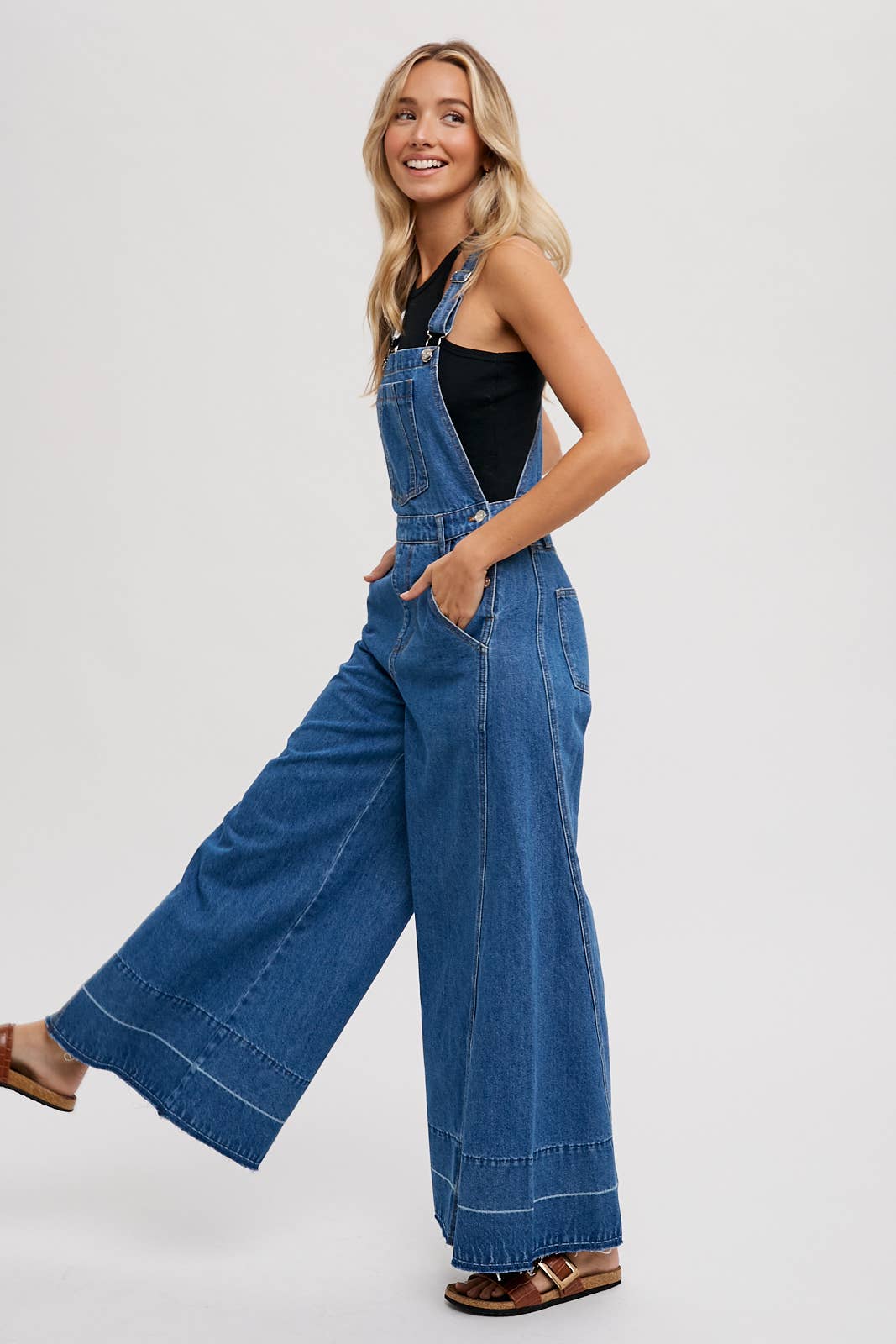 DENIM WIDE LEGS OVERALLS: MED.WASH / L