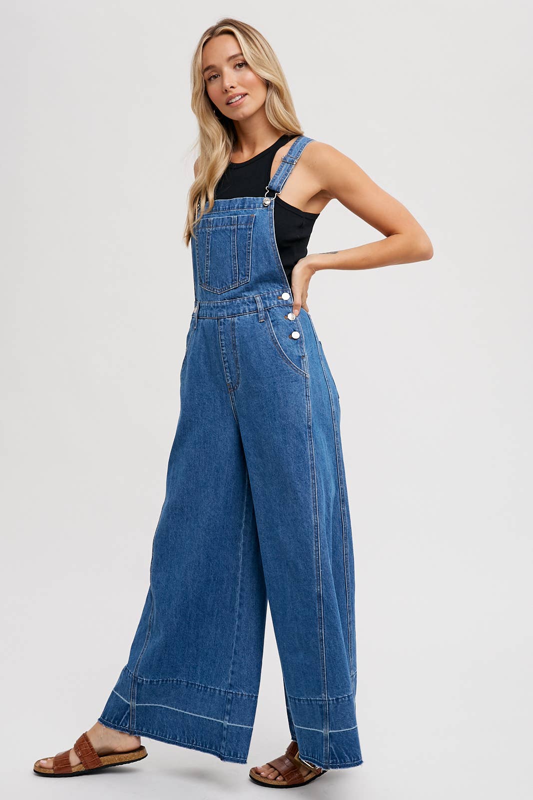 DENIM WIDE LEGS OVERALLS: MED.WASH / L