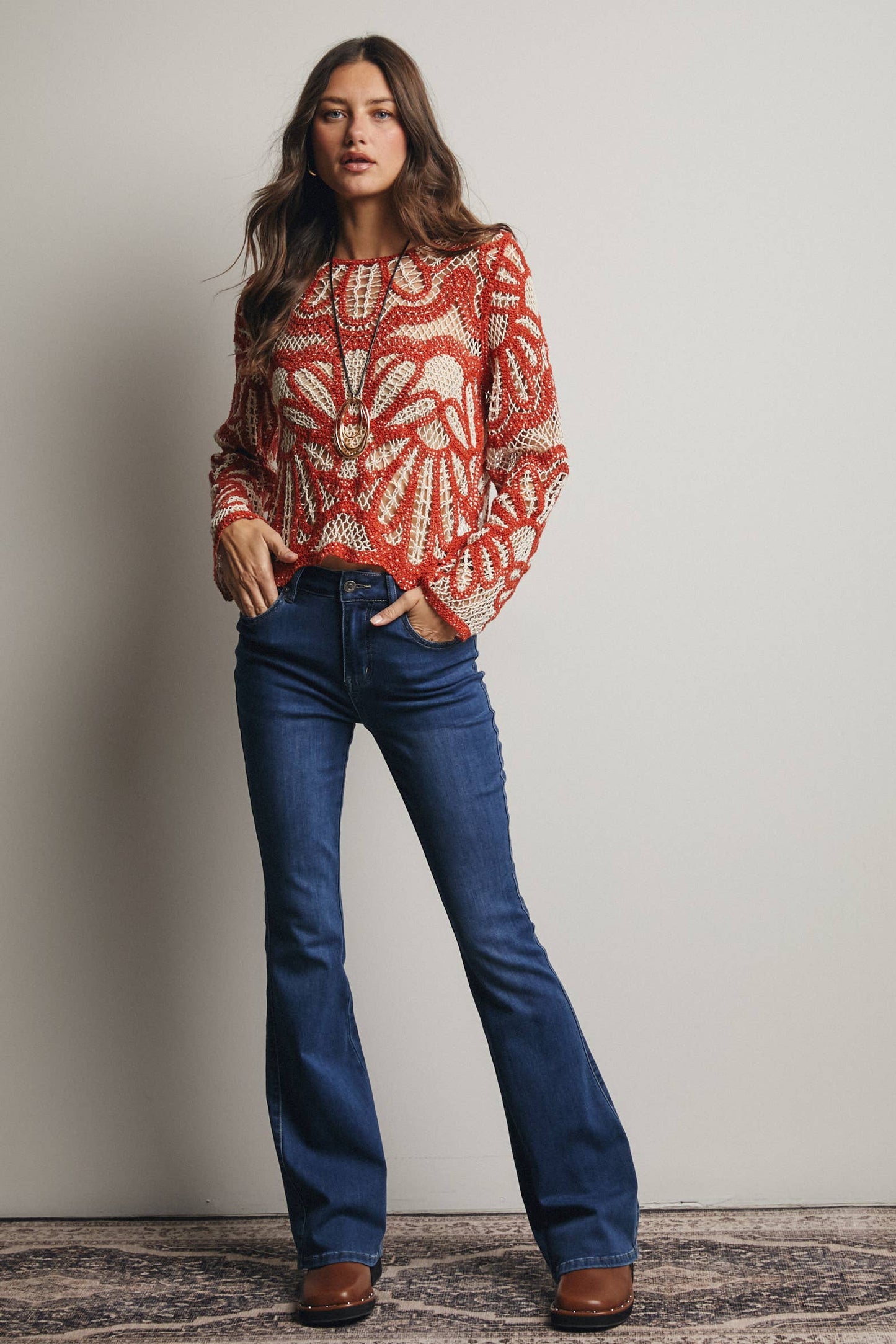 Crochet Floral Pattern Sweater: Rust / Contemporary / S