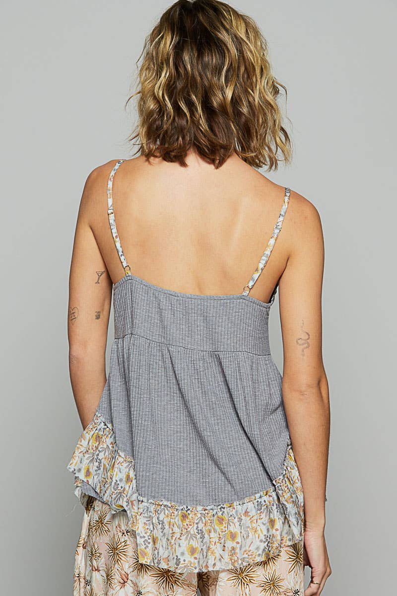V-neck sleeveless floral print contrast tunic top SALE: CREAM / L