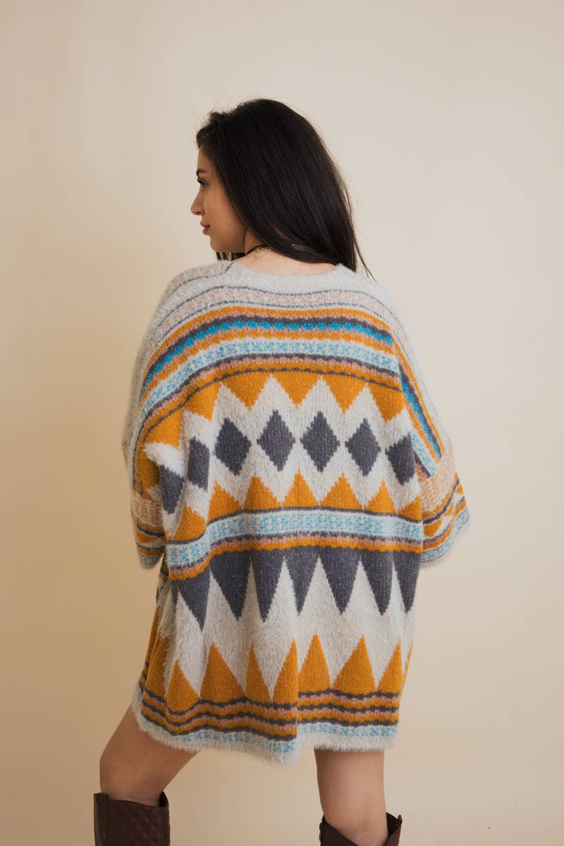 Boho Faux Fur Ruana Wrap with Cozy Pockets - Tribal Cardigan: Dark Mustard