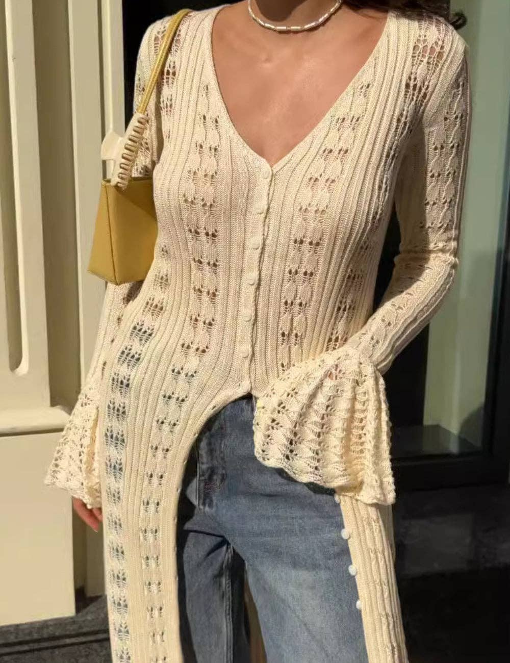 Ladies Eyelet Ruffle Hem Sweater Dress SKT41062: Apricot / L