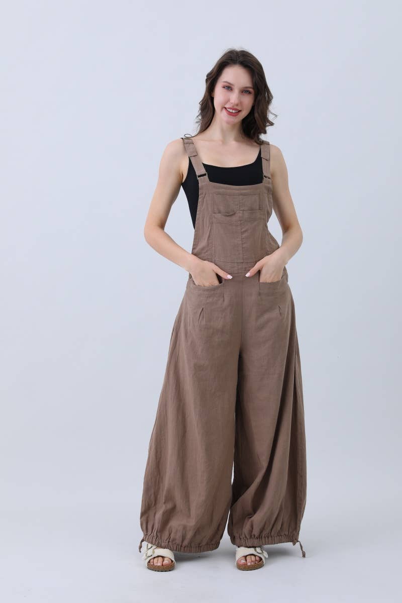 Natural Linen Jumpsuit for Women – Wide Leg Adjustable Cuffs: Mocha / L