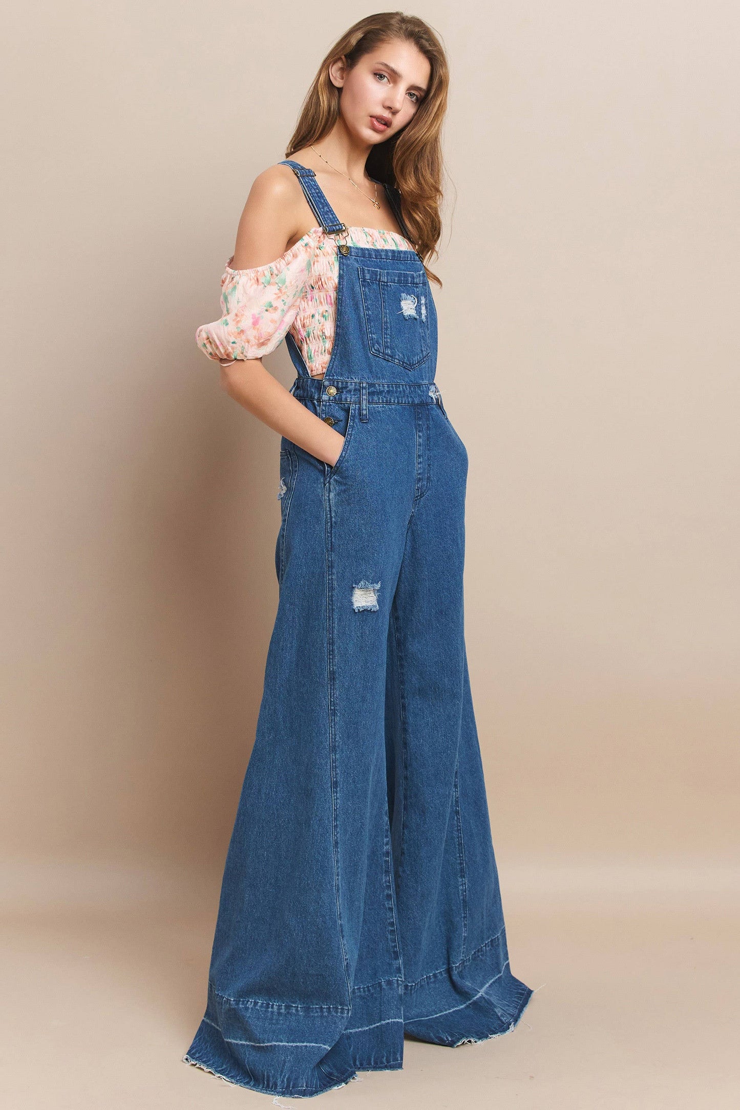 WIDE LEG DISTRESSED DENIM OVERALLS 4429RIAMID DENIM: MID DEN / L