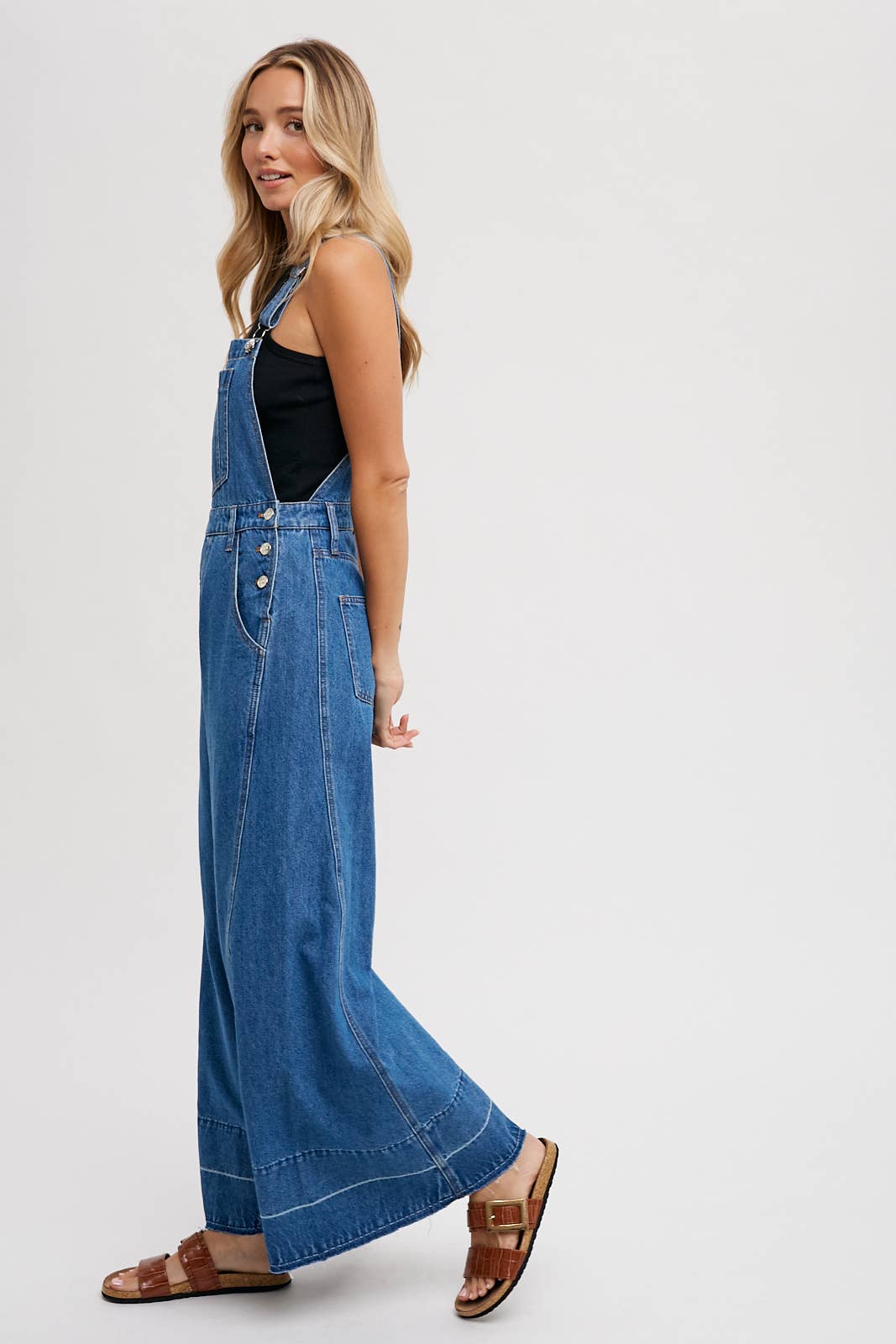DENIM WIDE LEGS OVERALLS: MED.WASH / L