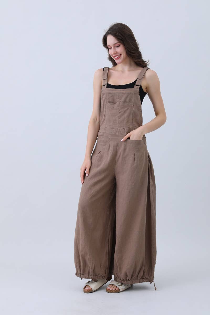 Natural Linen Jumpsuit for Women – Wide Leg Adjustable Cuffs: Mocha / L