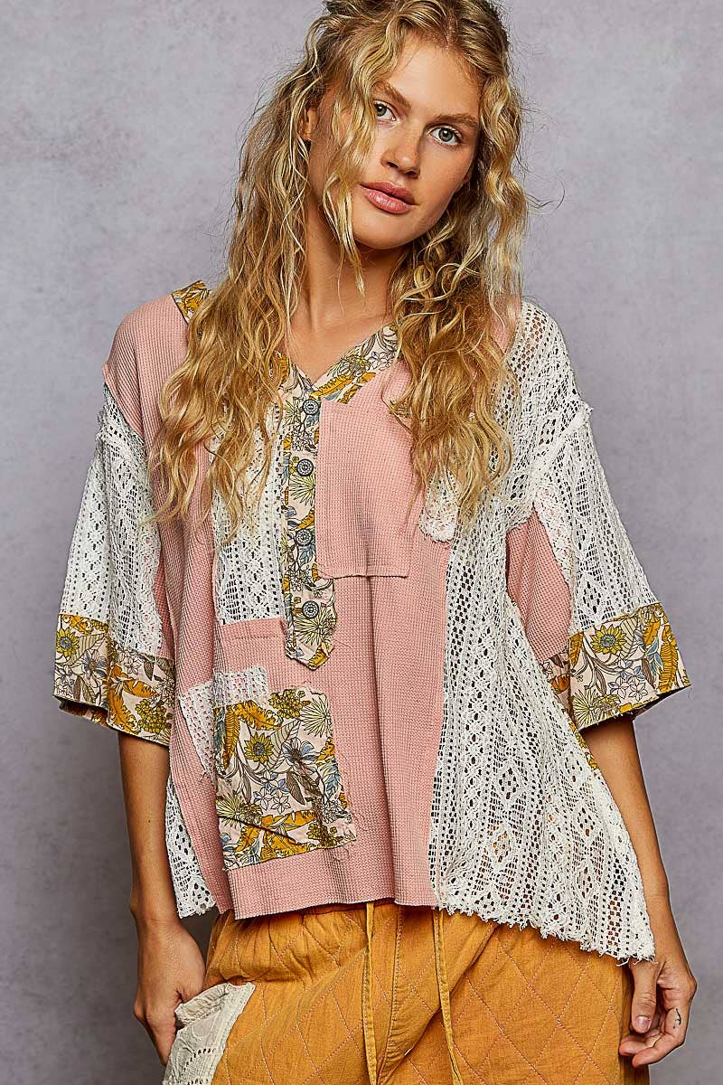 Vintage washed short sleeve print patch top: SALMON PINK MULTI / S