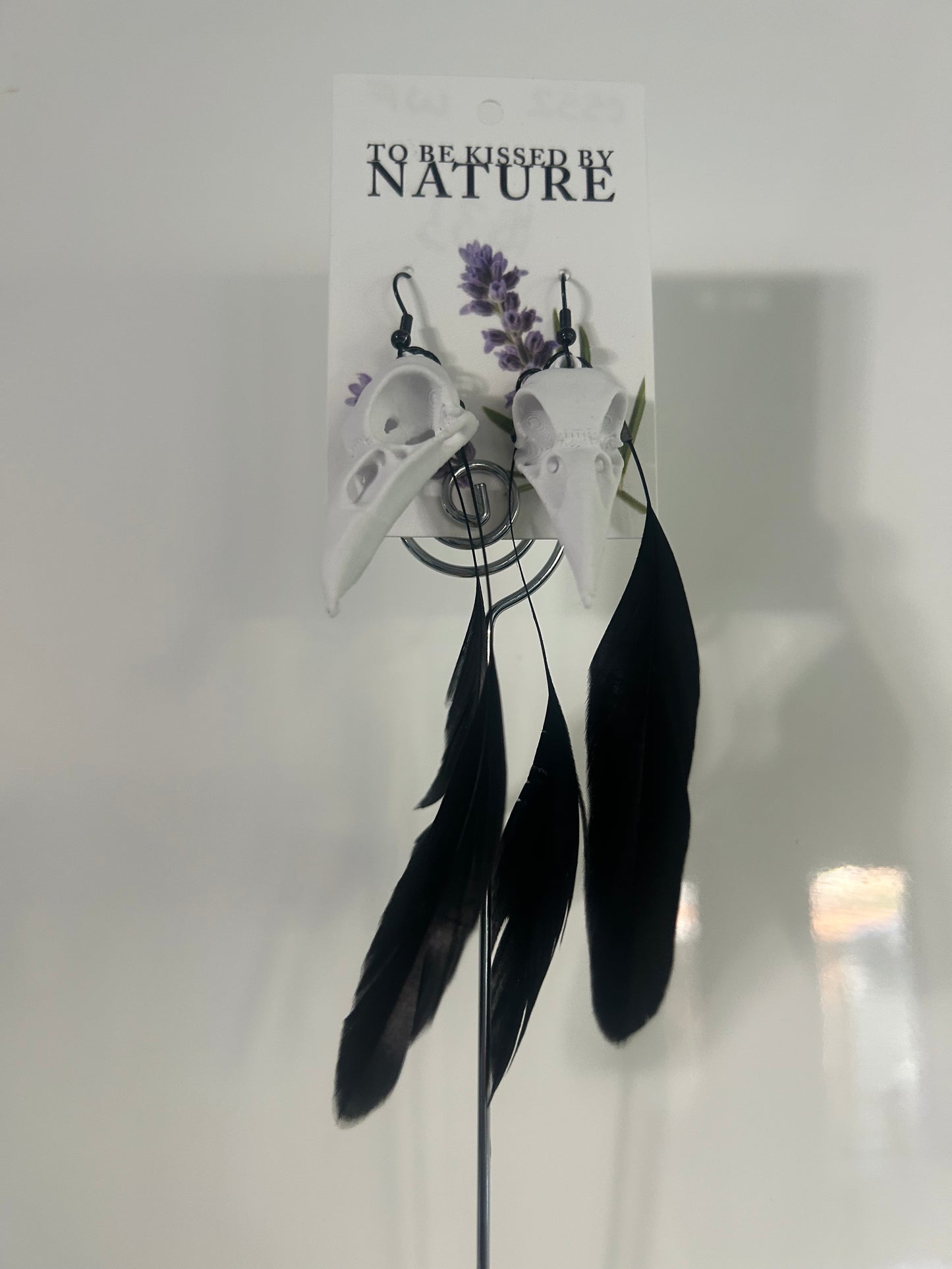 Crow Skull Earrings with black feathers