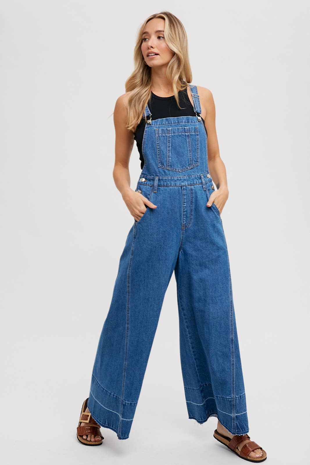 DENIM WIDE LEGS OVERALLS: MED.WASH / L