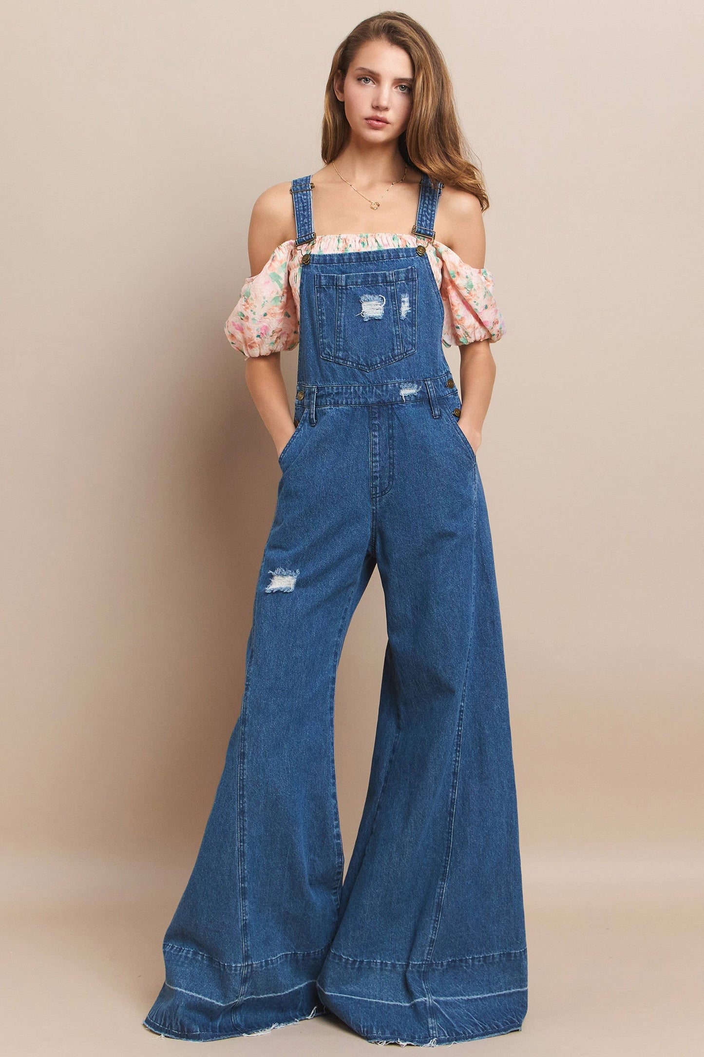 WIDE LEG DISTRESSED DENIM OVERALLS 4429RIAMID DENIM: MID DEN / S