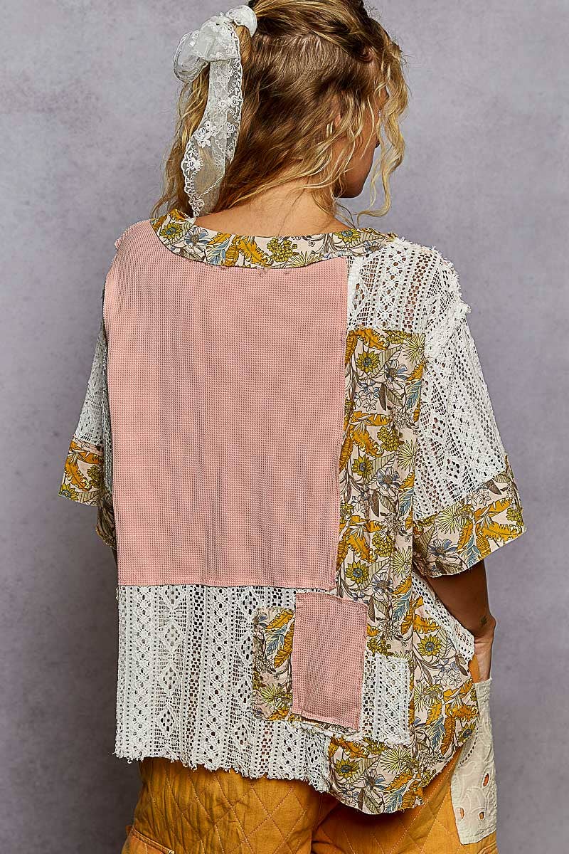 Vintage washed short sleeve print patch top: SALMON PINK MULTI / S