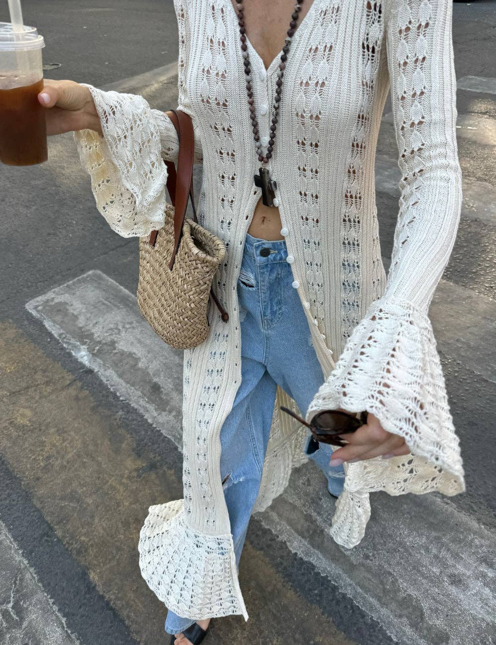 Ladies Eyelet Ruffle Hem Sweater Dress SKT41062: Apricot / S