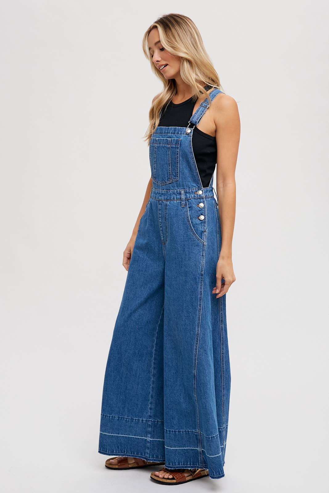 DENIM WIDE LEGS OVERALLS: MED.WASH / L