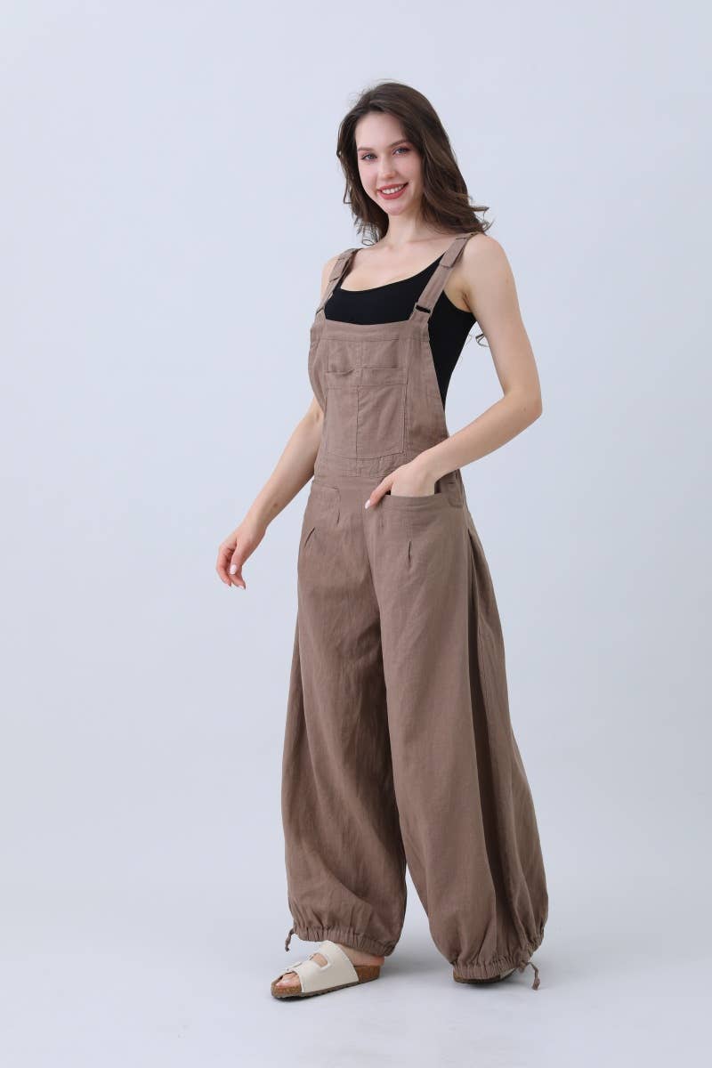 Natural Linen Jumpsuit for Women – Wide Leg Adjustable Cuffs: Mocha / L