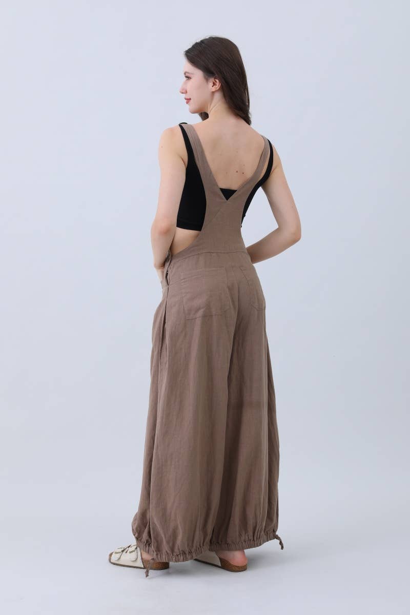 Natural Linen Jumpsuit for Women – Wide Leg Adjustable Cuffs: Mocha / L