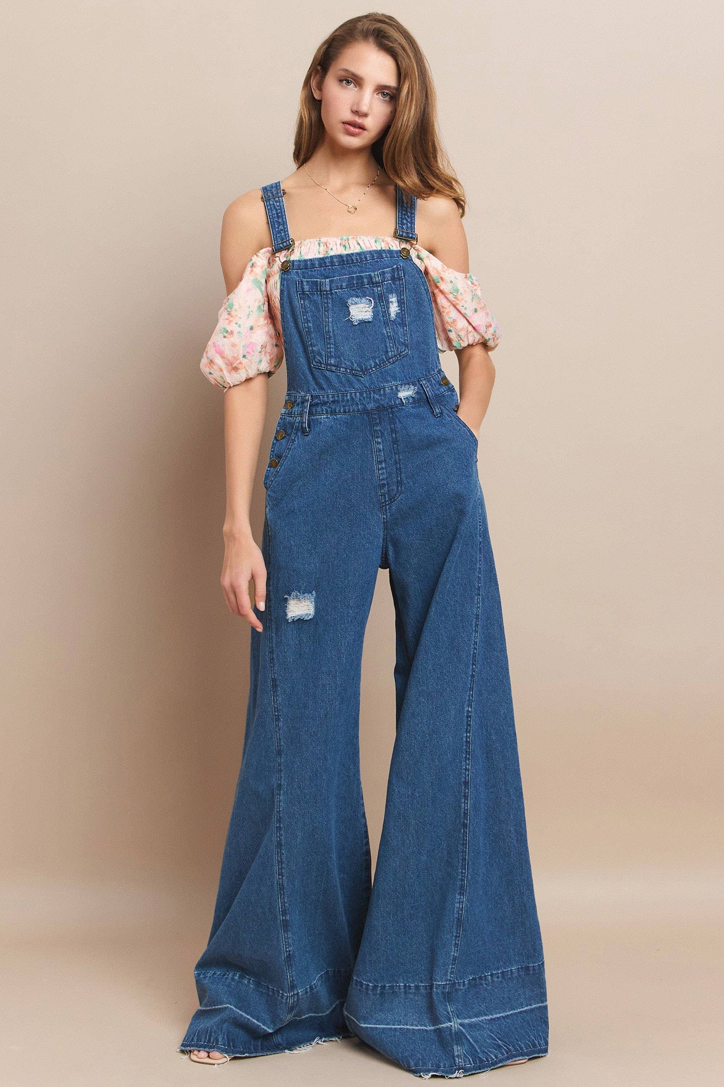 WIDE LEG DISTRESSED DENIM OVERALLS 4429RIAMID DENIM: MID DEN / L