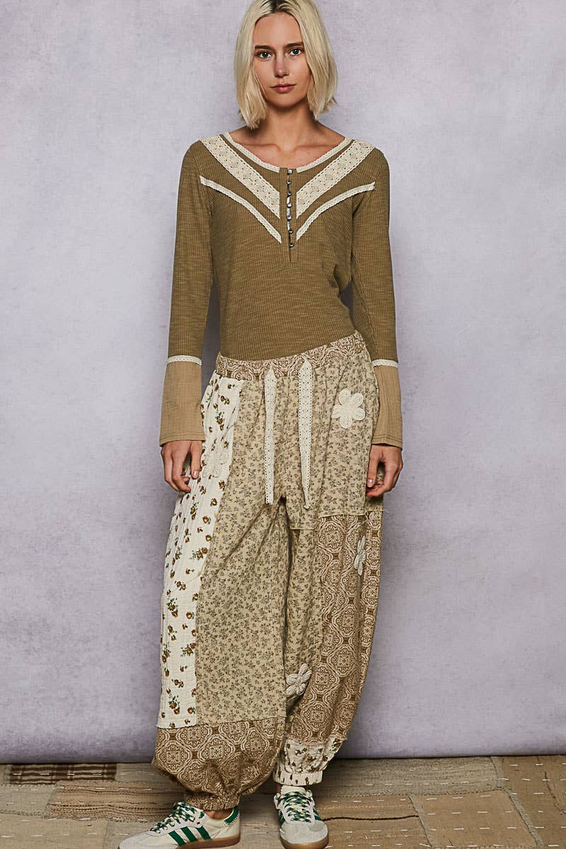 POL Long sleeve double gauze solid knit rib top: OLIVE / S,M,L