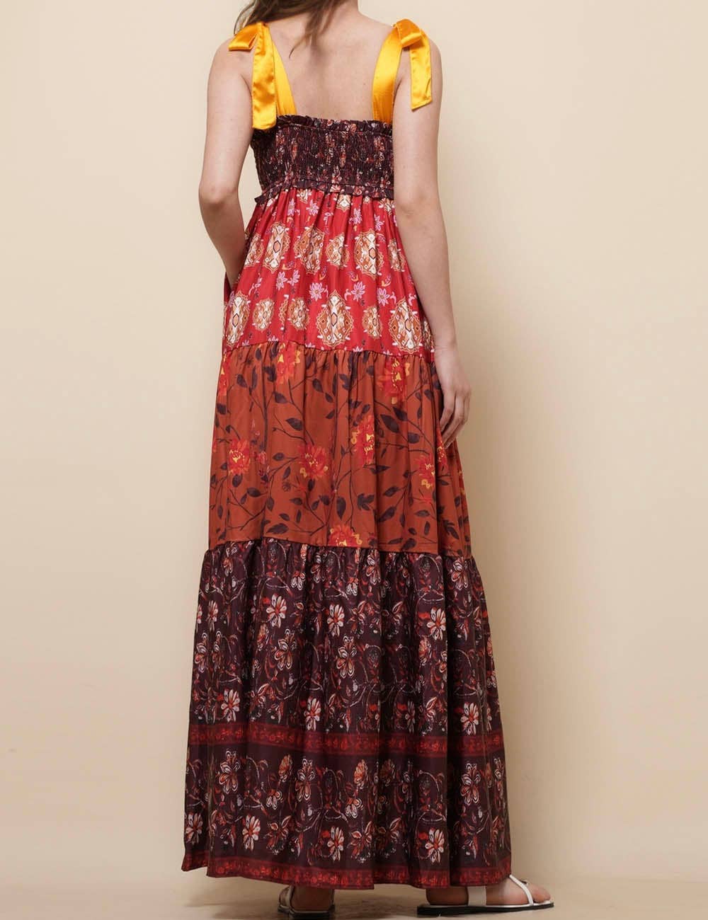 Ladies Strape Tie Shoulder Floral Print Maxi Dress SKD50568: Wine / L