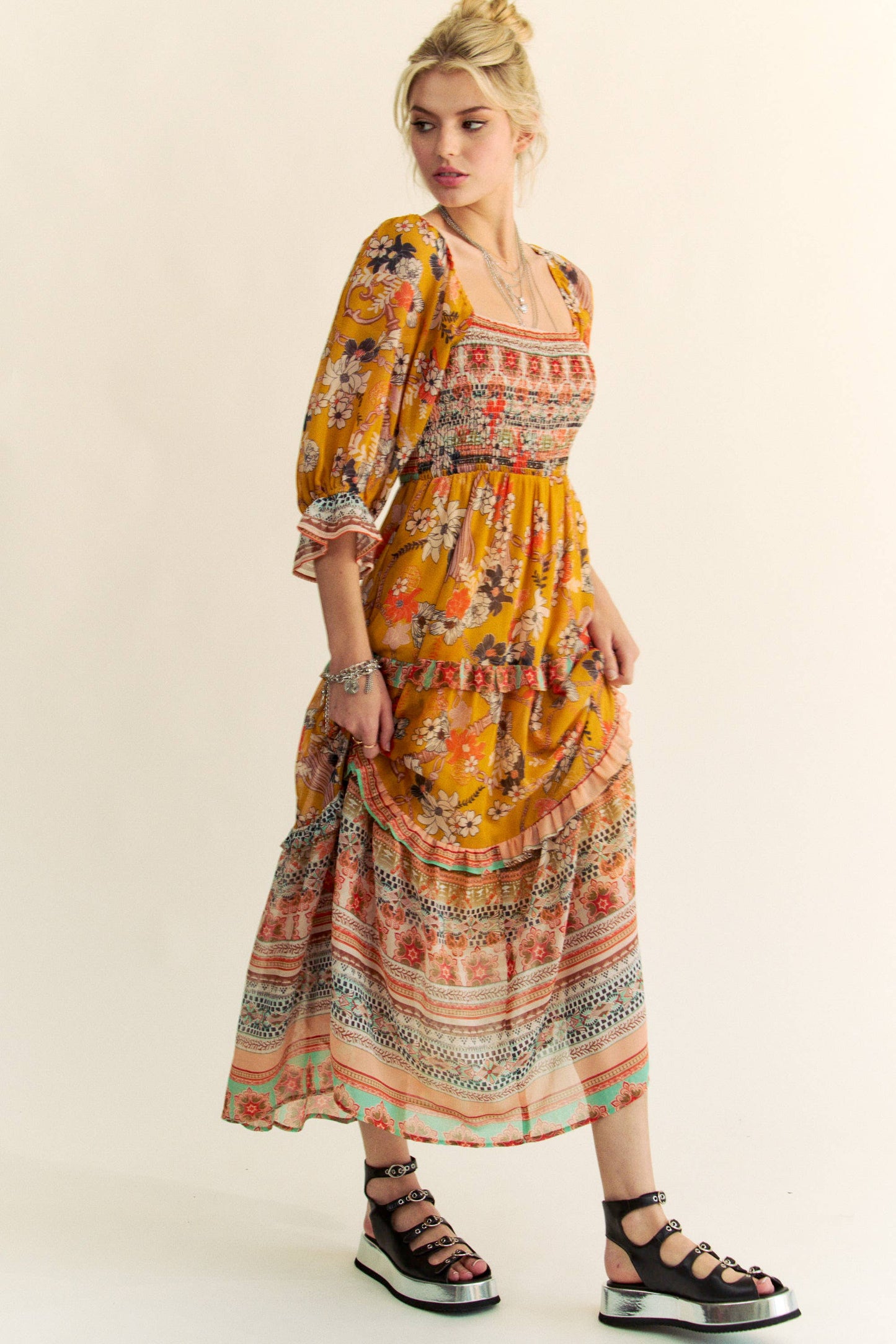 PLUS PRINTED RUFFLE SMOCKED MIDI DRESS: Mustard