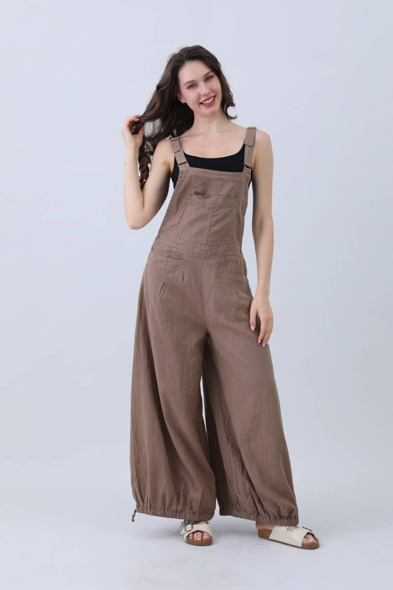 Natural Linen Jumpsuit for Women – Wide Leg Adjustable Cuffs: Mocha / L