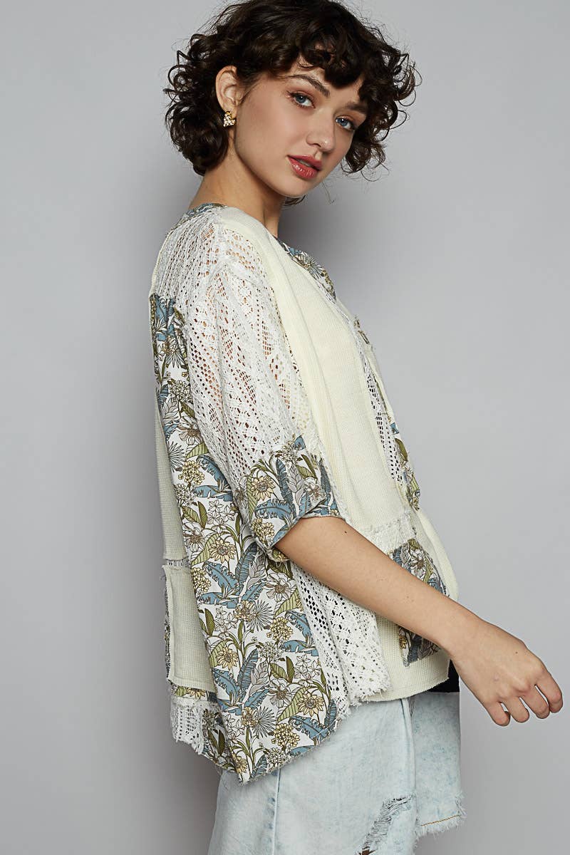 Vintage washed short sleeve print patch top: SALMON PINK MULTI / L