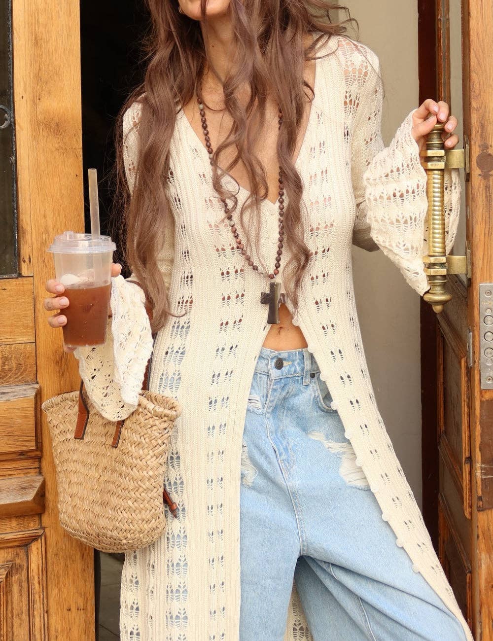 Ladies Eyelet Ruffle Hem Sweater Dress SKT41062: Apricot / L