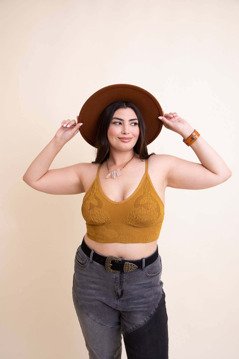 Full Coverage Seamless Padded Textured Brami Plus Size: Mustard sm/med l/xl