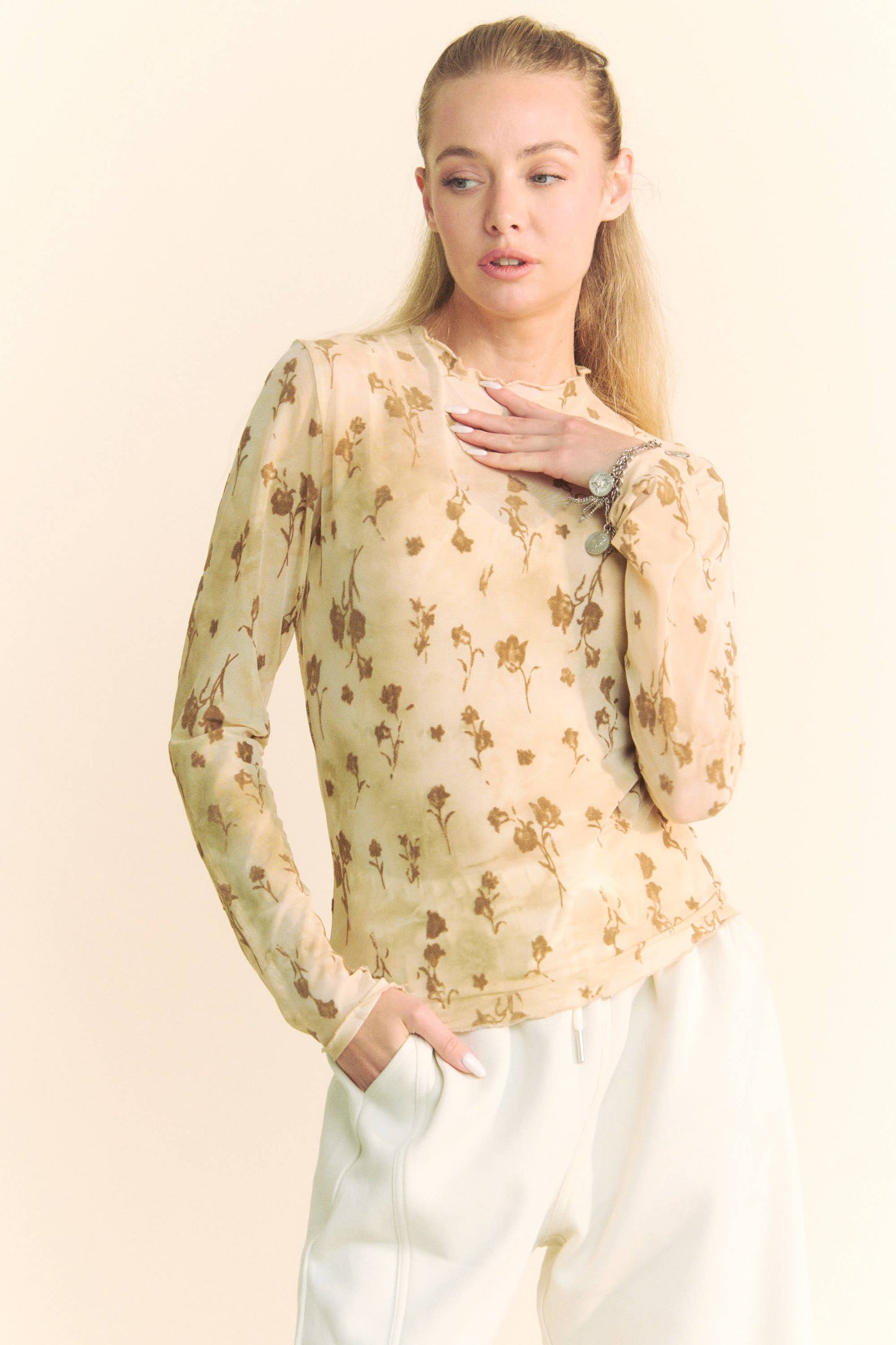 PLUS FLORAL MESH LONG SLEEVE SHEER LAYERING TOP: CREAM LATTE / 2XL