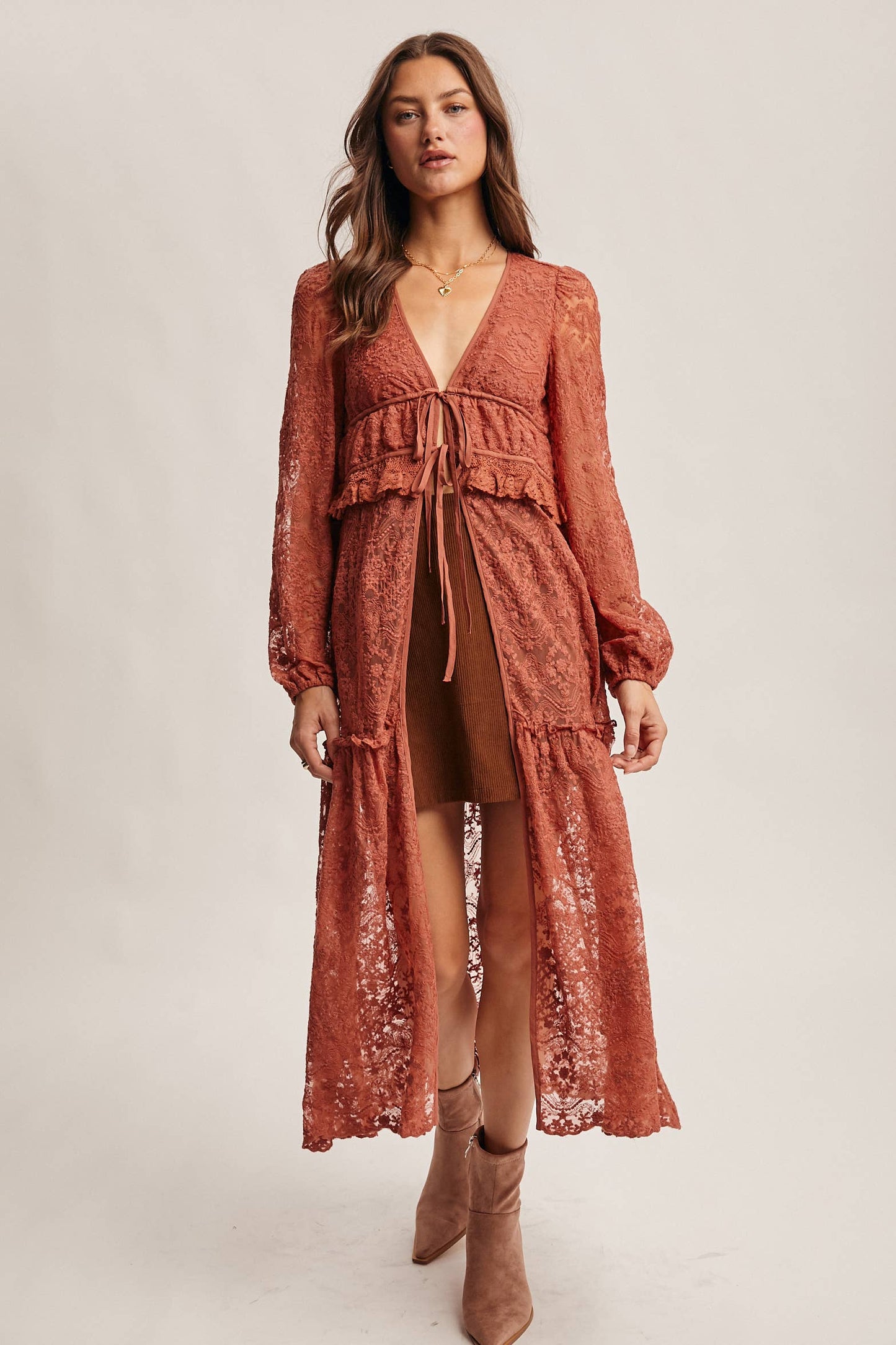 Lace Ruffle Maxi Duster FJ0003: Terracotta / Contemporary / XL