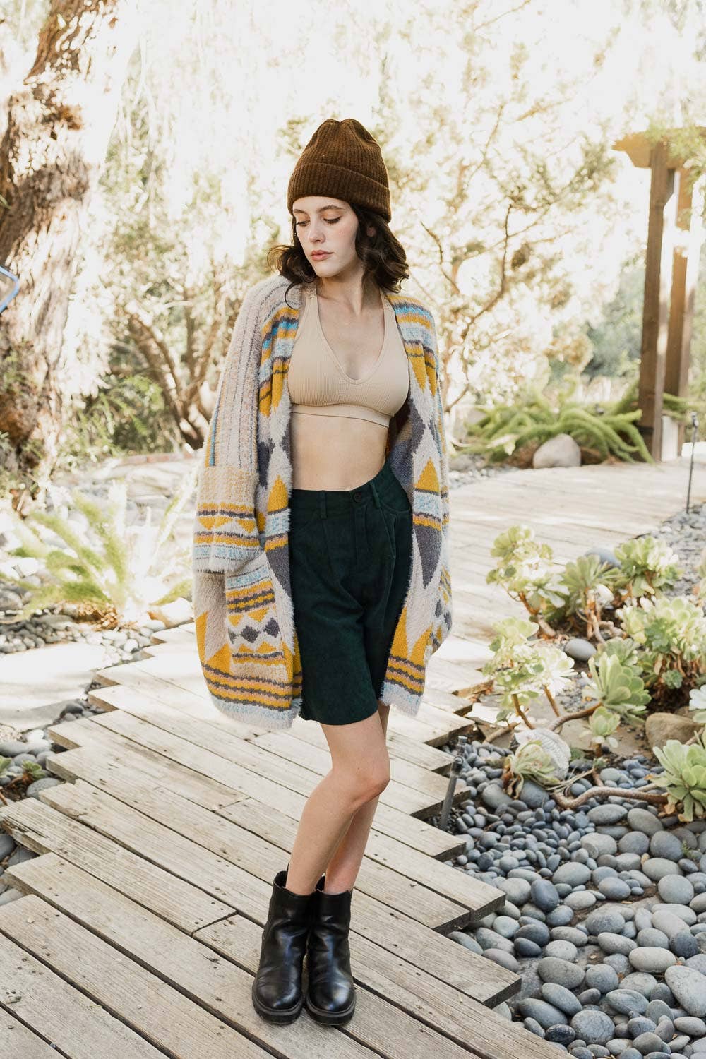 Boho Faux Fur Ruana Wrap with Cozy Pockets - Tribal Cardigan: Dark Mustard