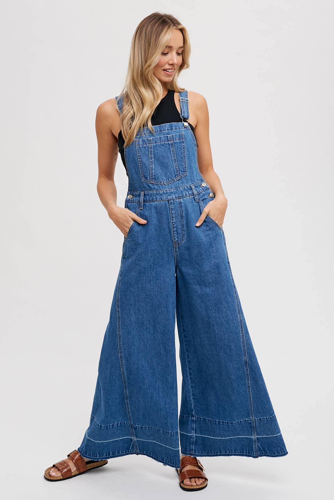 DENIM WIDE LEGS OVERALLS: MED.WASH / M