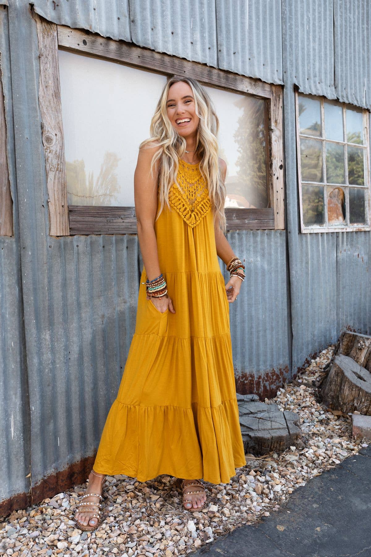 Perfection Tiered Maxi Dress - Mustard: L