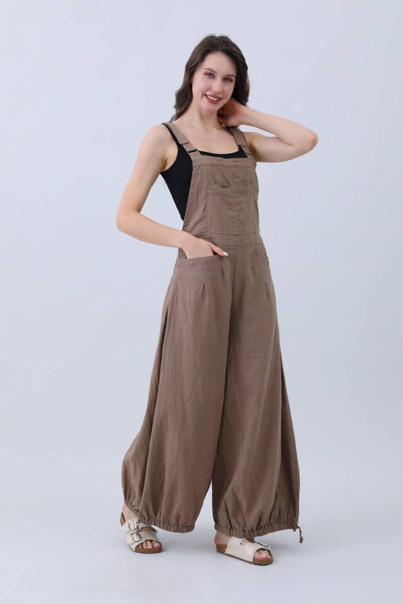 Natural Linen Jumpsuit for Women – Wide Leg Adjustable Cuffs: Mocha / L
