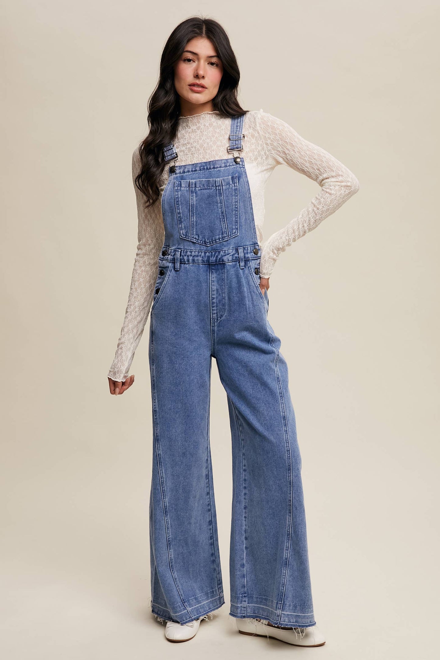 Wide-Leg Denim Overalls: Light Denim / S,M,L,XL