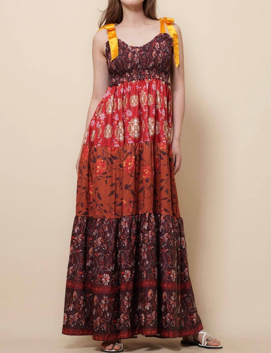 Ladies Strape Tie Shoulder Floral Print Maxi Dress SKD50568: Wine / S