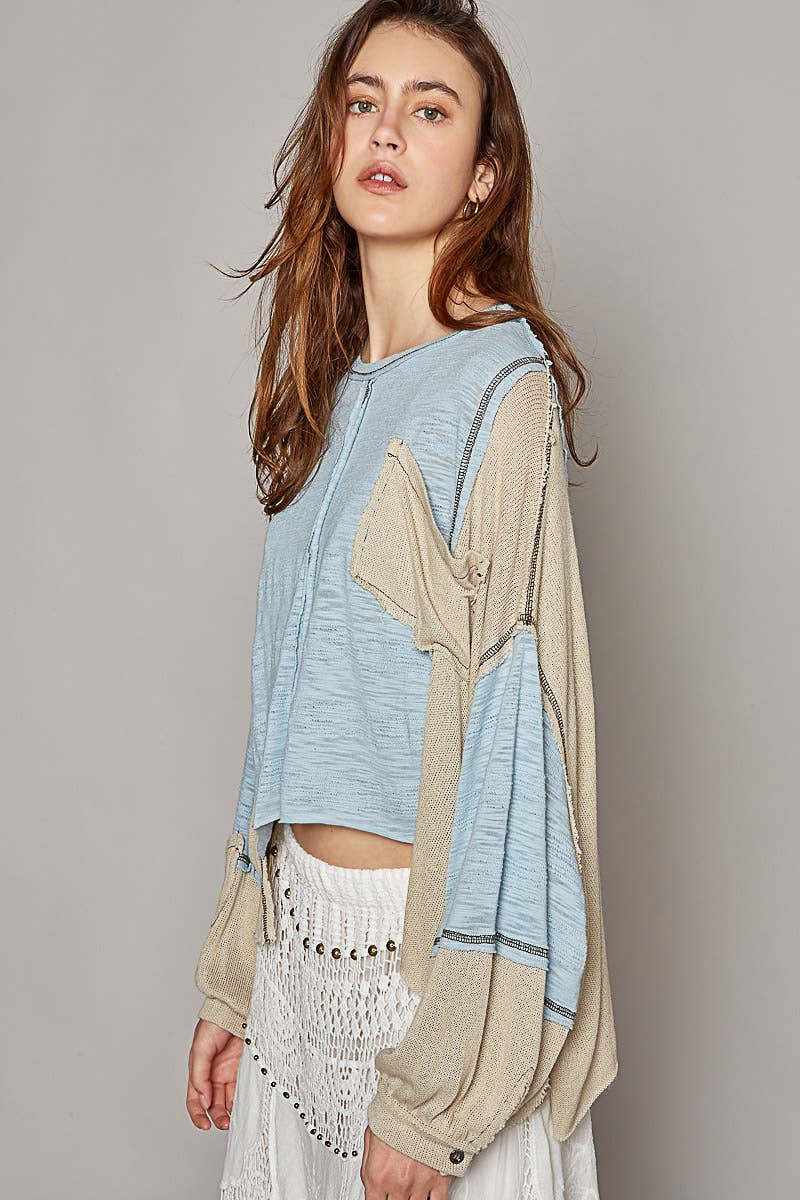 Oversize balloon sleeve casual slub knit top: AQUA / L