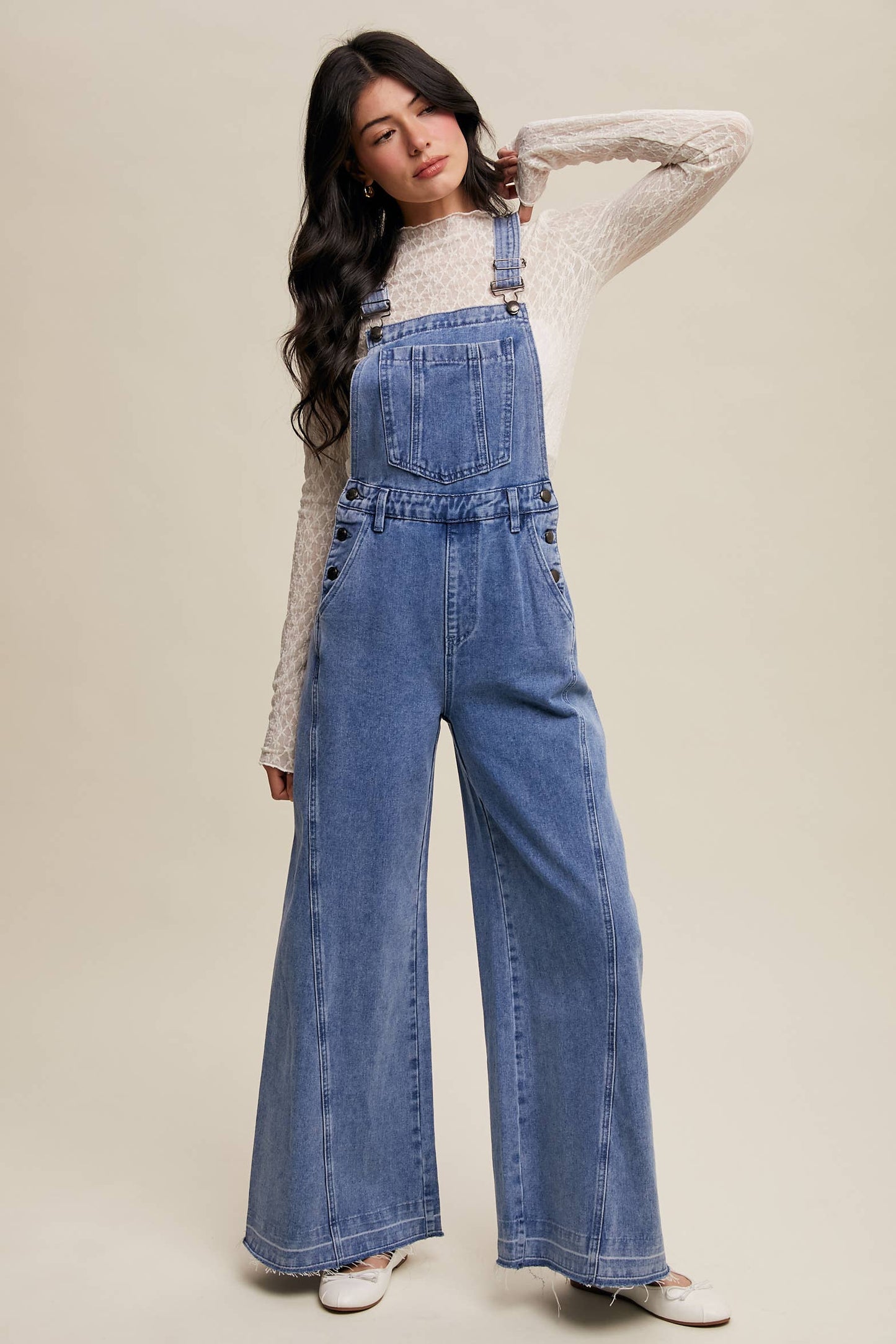 Wide-Leg Denim Overalls: Light Denim / S,M,L,XL