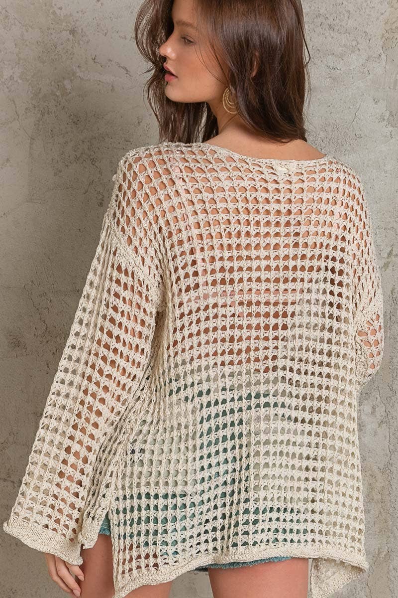 Dropped Shoulder Open Knit Boat Neck Sweater Top: CLEAR SKY / M