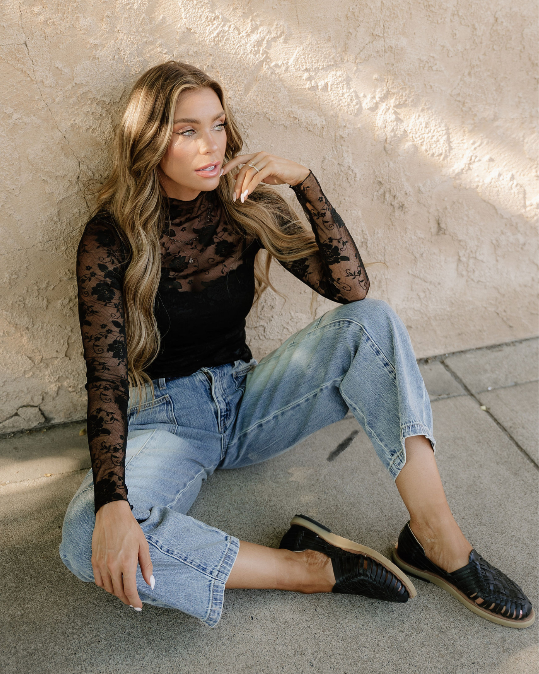 Black Mock Neck Floral Lace Mesh Long Sleeve Top