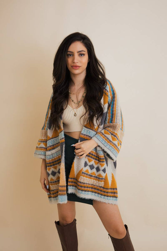 Boho Faux Fur Ruana Wrap with Cozy Pockets - Tribal Cardigan: Dark Mustard
