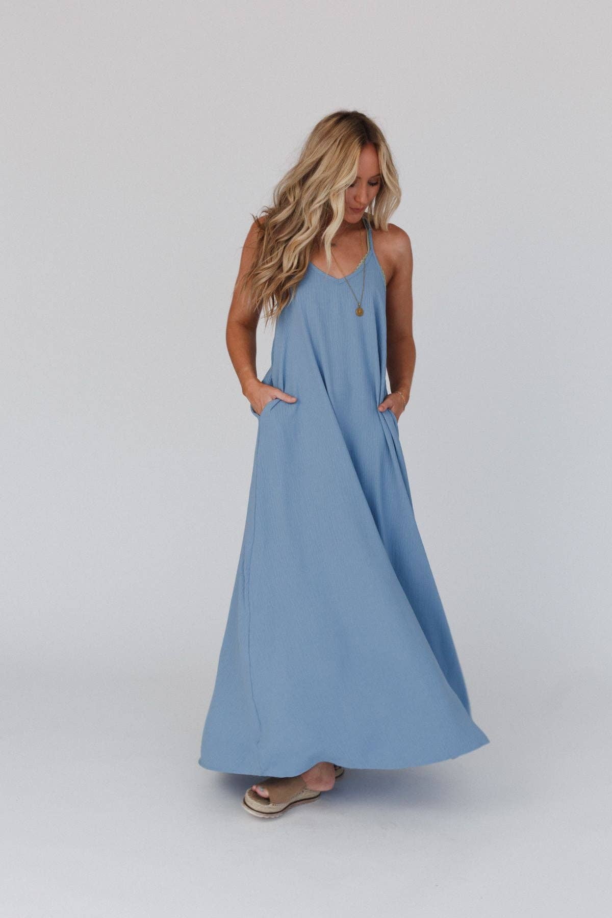 Oasis Pocket Maxi Dress - Dusty Blue: L