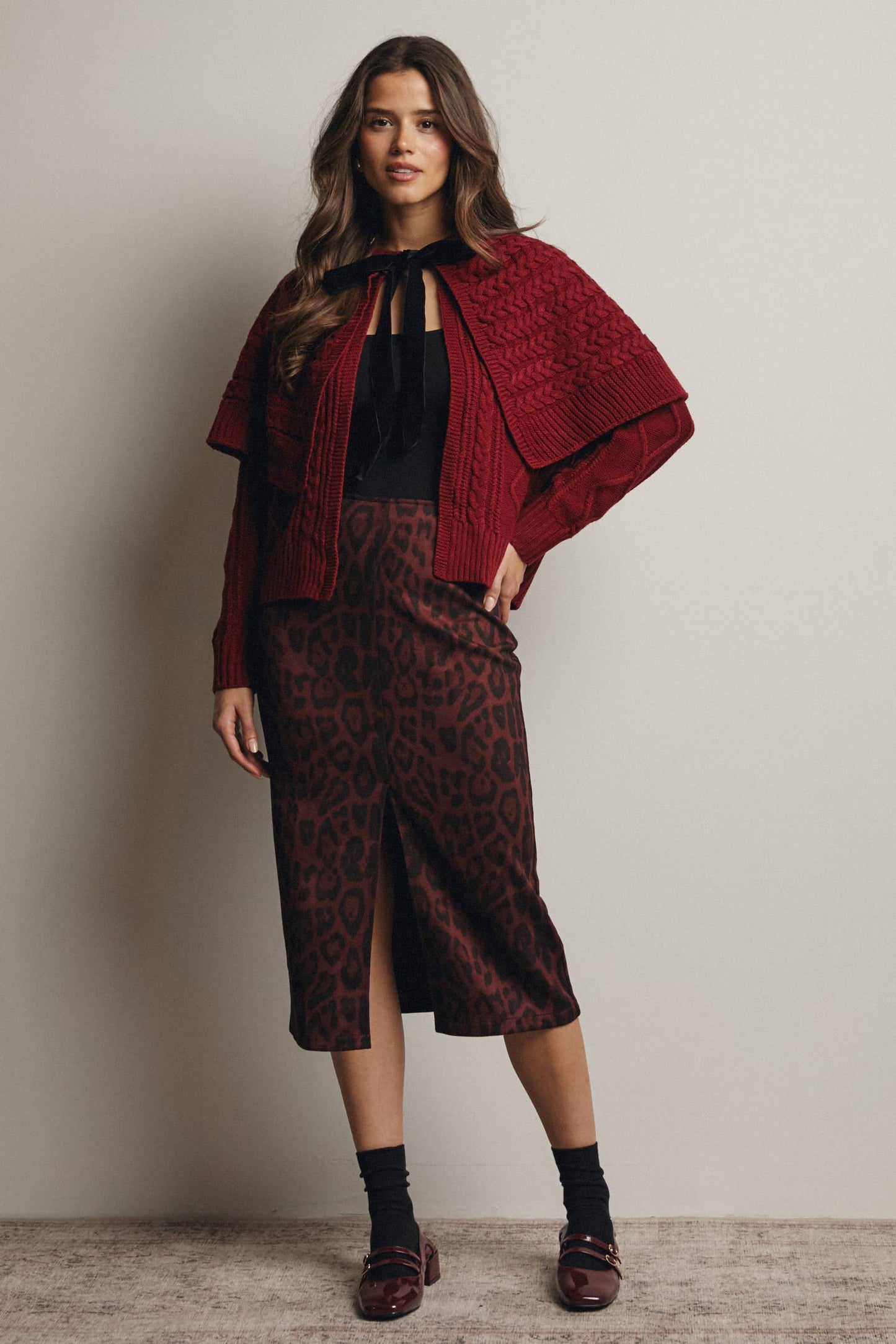 Leopard Print Burgundy Front Slit Midi Skirt - XL