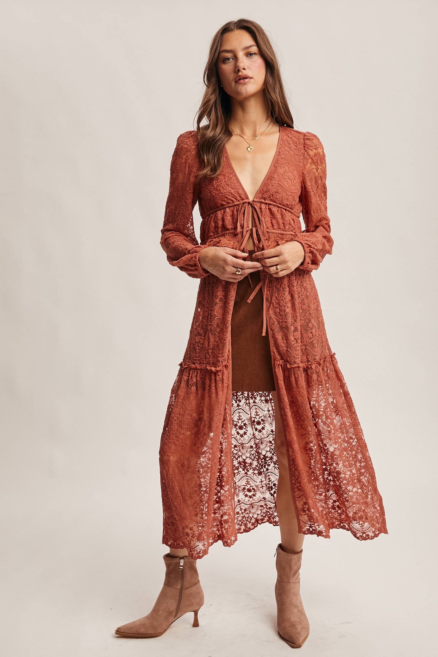Lace Ruffle Maxi Duster FJ0003: Terracotta / Contemporary / L