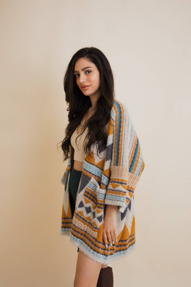Boho Faux Fur Ruana Wrap with Cozy Pockets - Tribal Cardigan: Dark Mustard